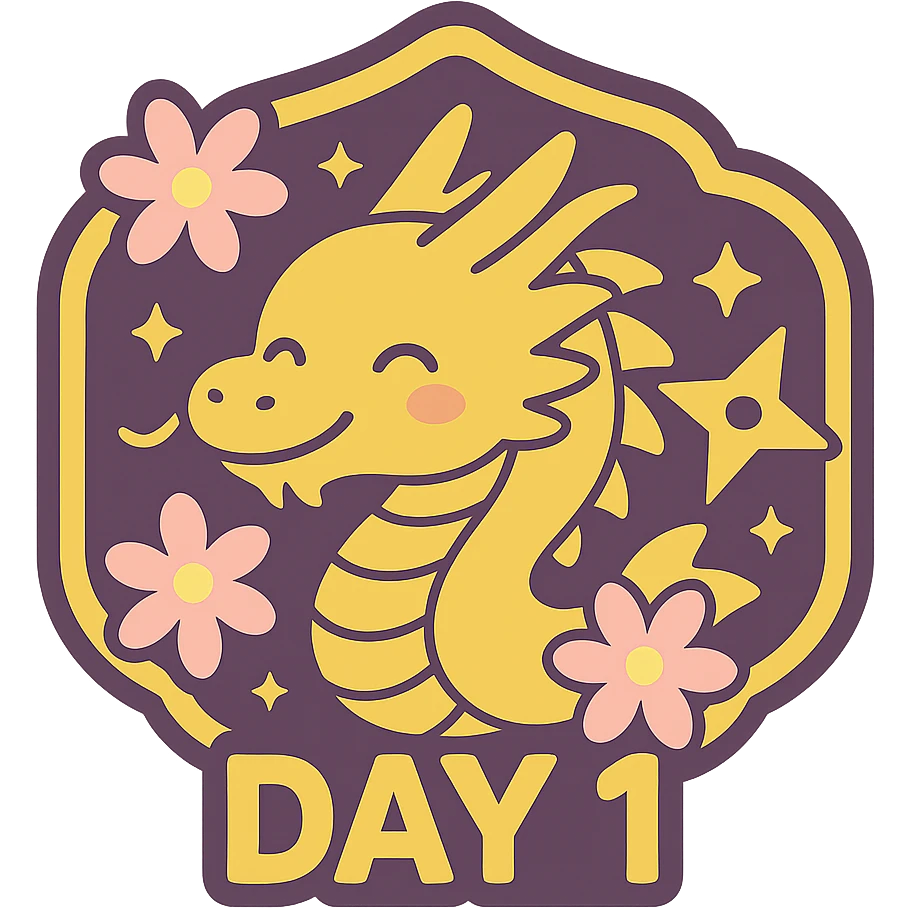 Add the text 'DAY 1' in bold, easy-to-read anime-style font below the dragon. Make the gold accents and dragon a little brighter and more vibrant. Keep the rich purple background, Japanese crest shape, sakura flowers, ninja star, and sparkly effects. Maintain transparent background. Sized for Twitch or Discord use in kawaii style. emoji