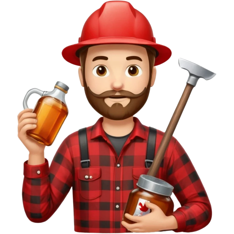 I want a Canadian lumberjack wearing a red and black plaid shirt drinking maple syrup out of the maple syrup bottle and holding a axe in the other emoji
