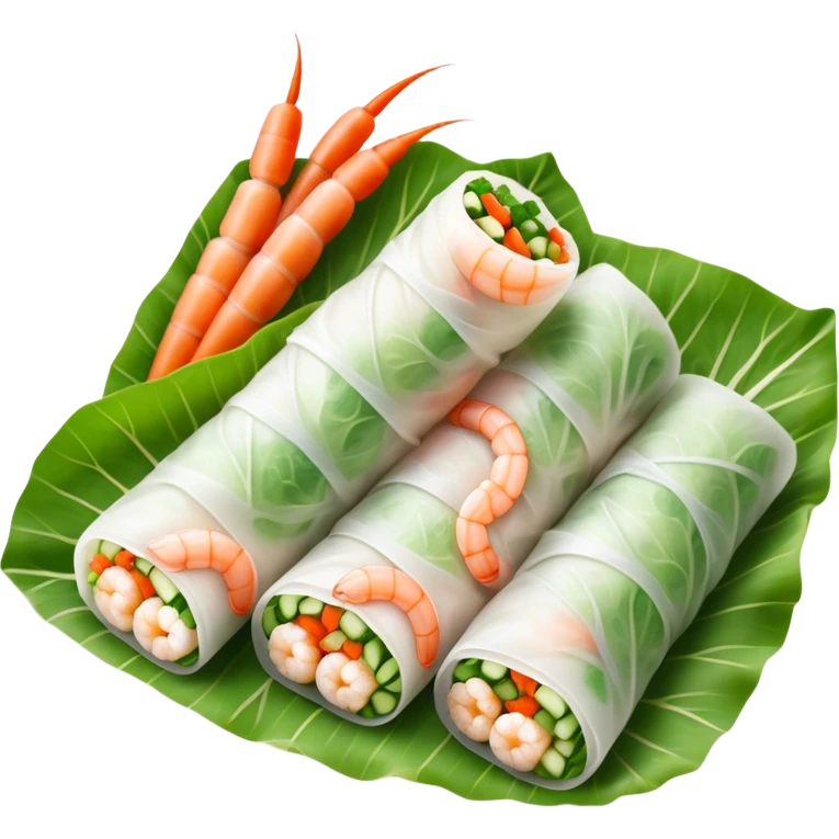 Cinematic Realistic Vietnamese Summer Rolls Dish Emoji, depicted with delicate rice paper wraps filled with fresh vegetables and shrimp rendered with crisp textures and refreshing lighting. emoji