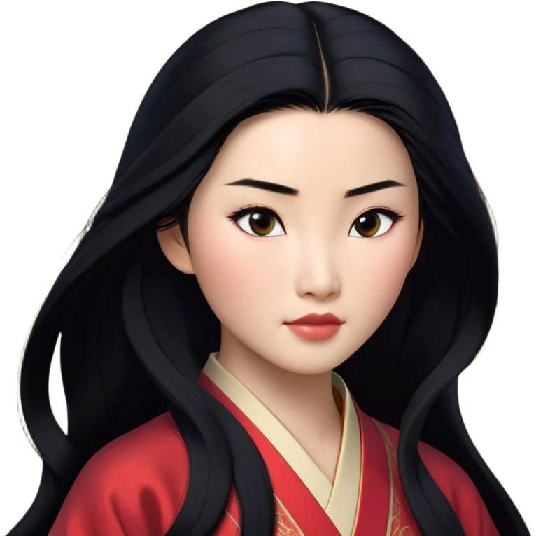 Cinematic Realistic Mulan Portrait, depicted with lifelike skin texture, soft natural lighting, and intricately detailed long black hair styled elegantly. Her deep, expressive eyes exude determination and grace, complemented by a serene yet confident expression. She is dressed in her classic attire, with rich fabric textures and delicate folds that catch the light beautifully. The portrait features a soft, enchanting glow with a natural, radiant finish, capturing the essence of timeless strength and beauty in a realistic and painterly style, evoking a sense of depth and authenticity. emoji