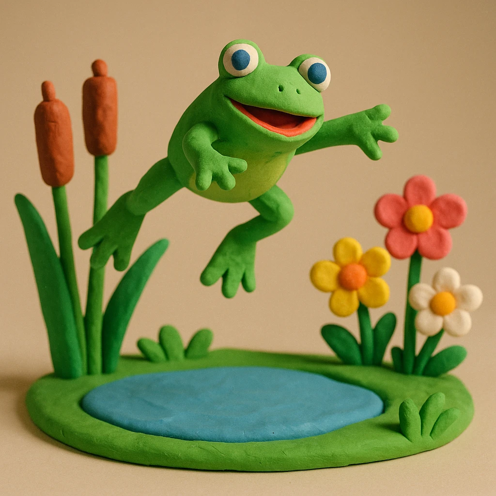 frog leaping above a pond with cattails and flowers, playful and colorful, claymation style emoji
