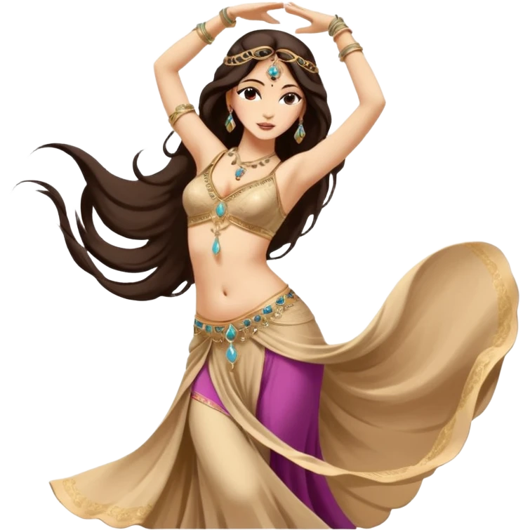 Belly dancer icon in artistic sketch style, drawn with sepia and soft pastel strokes, delicate lines and warm tones. Minimal background, graceful pose with one arm raised, flowing hair and fabric, elegant and expressive. emoji