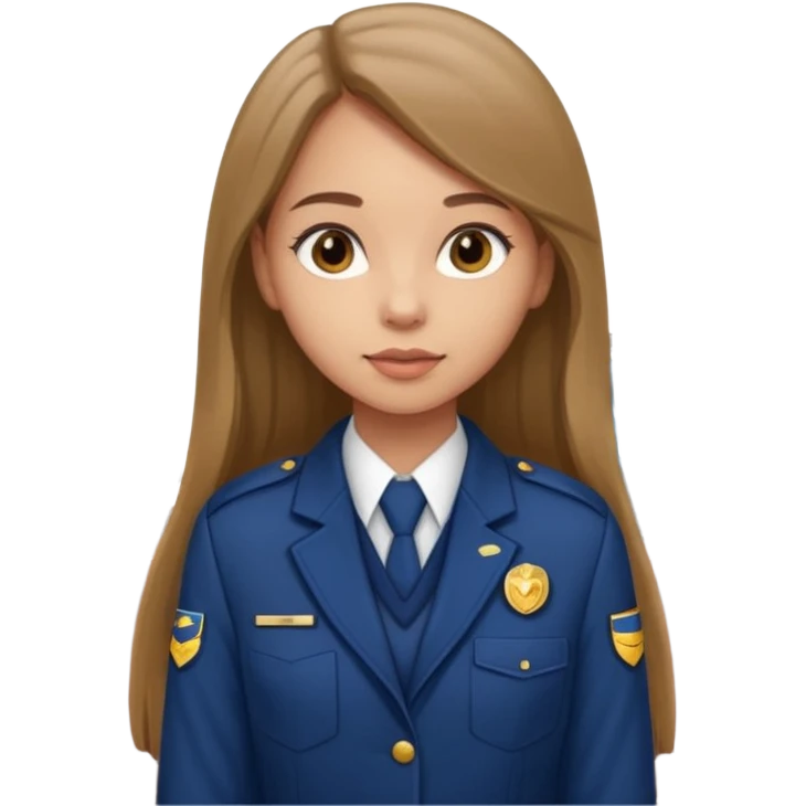 Young girl, long brown straight hair, wearing uniform jacket with hotel name badge, tasteful scarf, stand behind the desk

 emoji