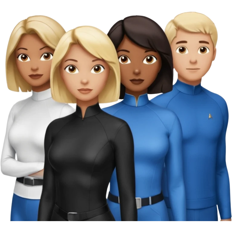 3 Friends standing side by side, charlie's angels style: 1 black woman with a short flat pressed bob, 1 hispanic man with a thin nose and long hair, and 1 white guy with blue eyes and a short brown-blonde haircut emoji