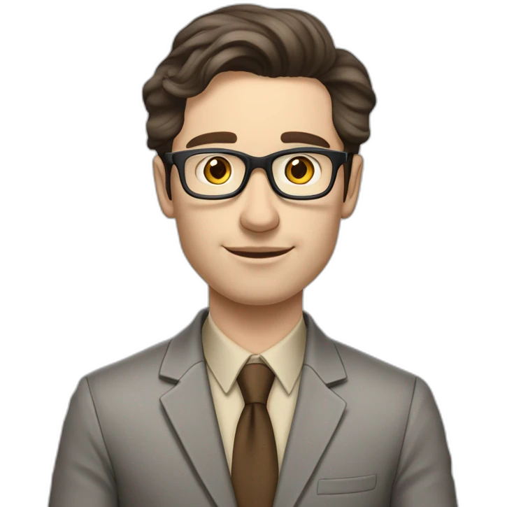 Pale skinned fit man with dark brown hair in gray jacket, beige office shirt, brown tie, brown pants and vintage glasses Writing text on the flipchart emoji