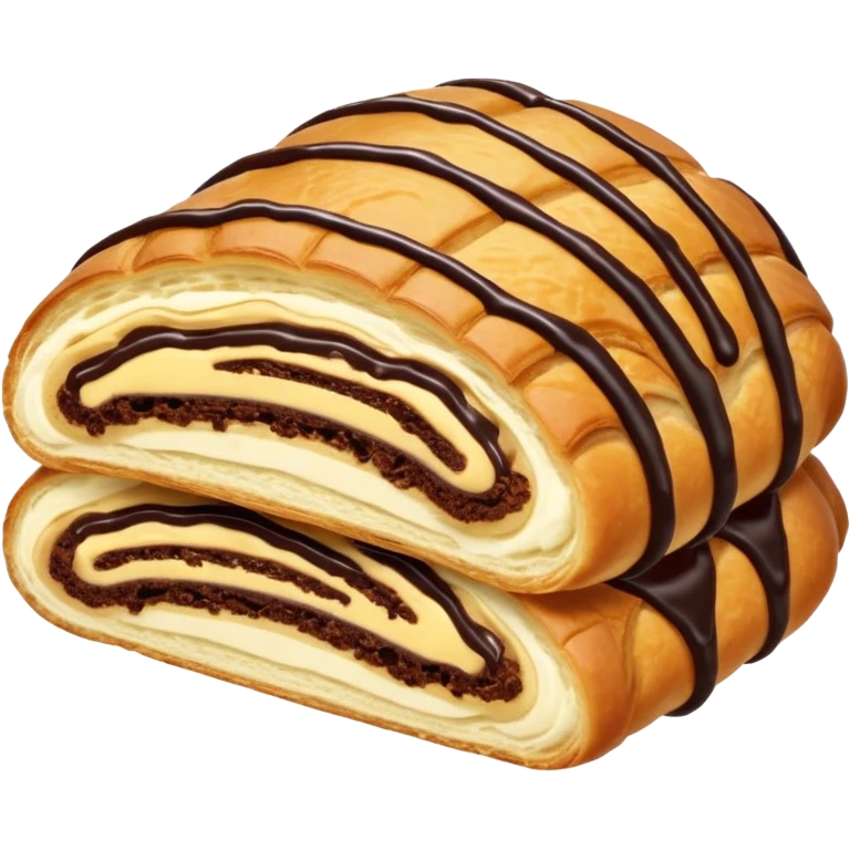  Chocolate-filled croissant roll, golden flaky pastry, chocolate drizzle on top, bite taken, white background, realistic food photo emoji