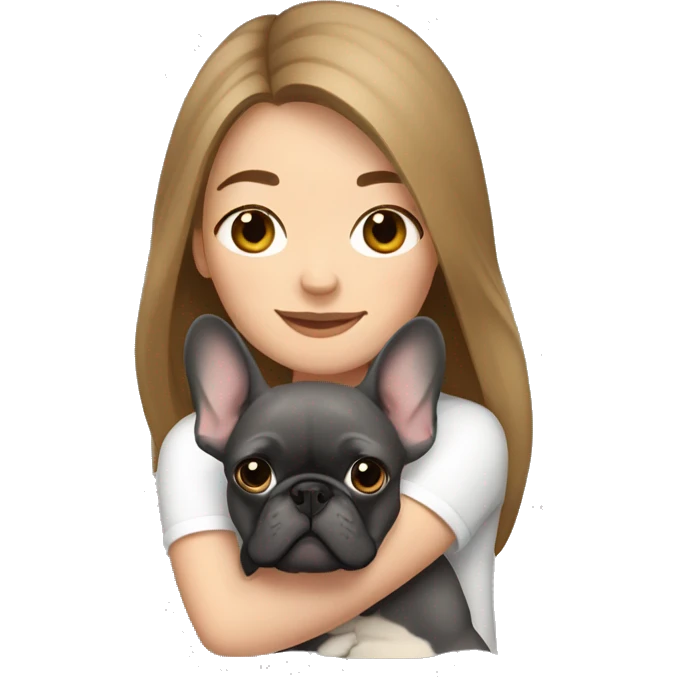 light brown hair woman hugging a dark gray french bulldog emoji