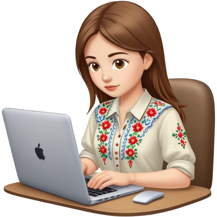 A Ukrainian girl with brown hair in an embroidered shirt works at her laptop emoji