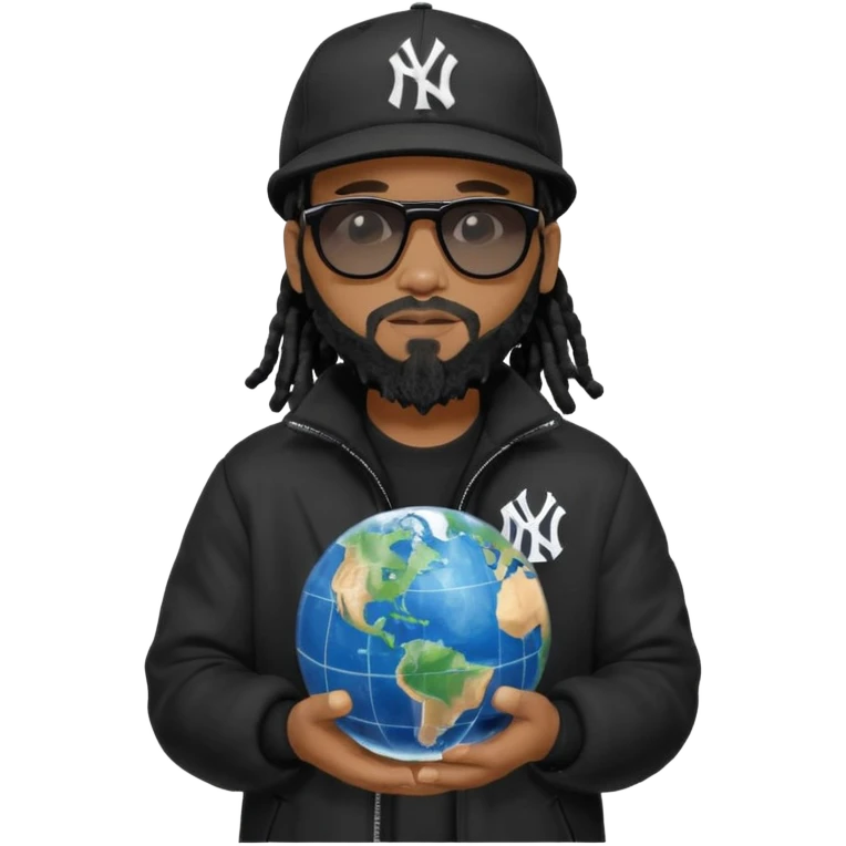 African American man with shoulder length black dreadlocks with black beard wearing black sunglasses wearing a black New York Yankees logo baseball cap wearing a black bubble winter coat holding a Globe in his hands emoji