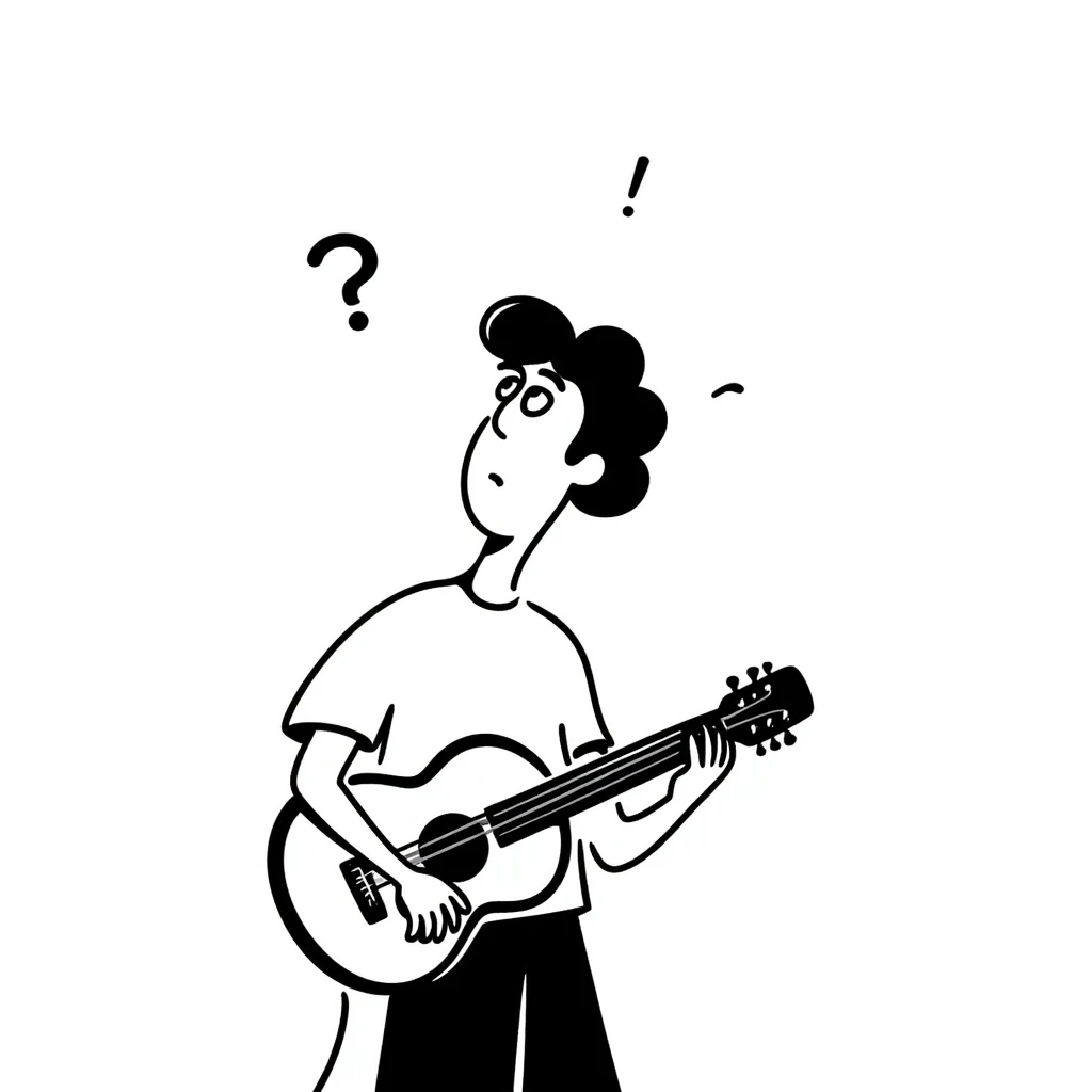 A musician holding a guitar, with a worried expression, looking up at the sky, concerned face, furrowed brow, waiting for an opportunity emoji