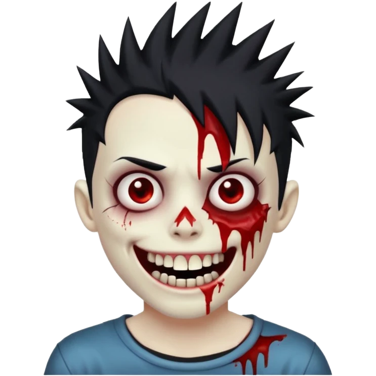zombie boy with emo spiky hair, white skin, and white eyes; an open smile, and bloodied teeth; emoji