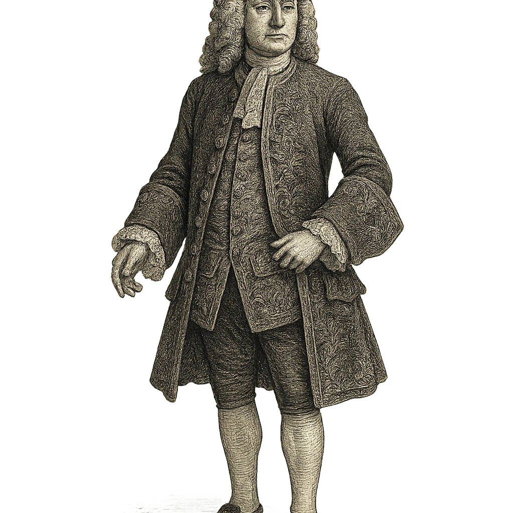 18th century gentleman standing, formal attire, lace cuffs, detailed embroidery, dignified expression, full body, no background, unique visual style emoji