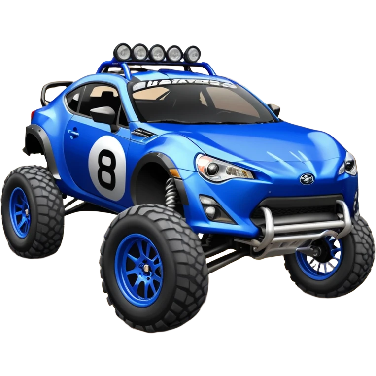 Dirty raced jacked 2013 scion fr-s ultramarine off road 4wd monster Baja dessert stadium racer number 86 with long travel suspension, shiny silver wheels, exaggerated wide black fender flares  emoji