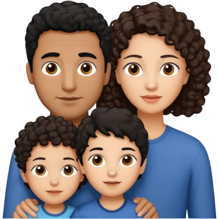  family, mom has brown eyes black hair brown skin, dad is white with brown curly hair and two kids boy and girl who are a mix of the two parents emoji