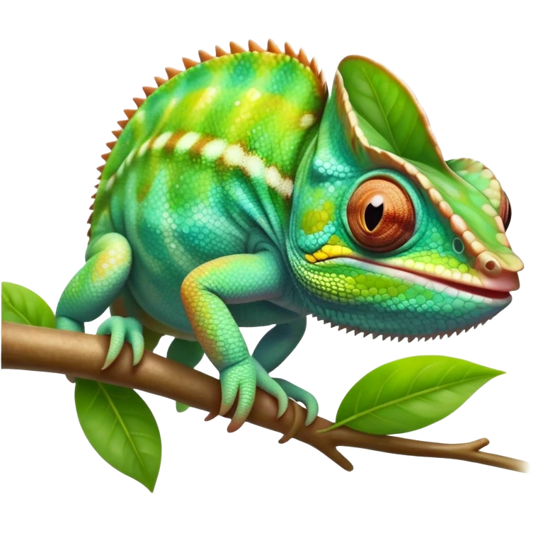 cinematic cute-smiling baby chameleon-realistic emoji,-blending-with-vibrant-greenery.-detailed-scales-in-shifting-colors,-showing-the-chameleon’s-ability-to-camouflage.-soft-natural-light-highlights-its-texture.-light-background, zoomed into its face emoji