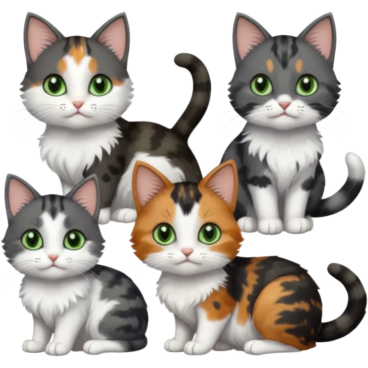 6 different coloured small cats including a dark grey and white, and a patchy calico, and a brown tabby and white,  and a completely solid dark grey with green eyes and only white paws emoji