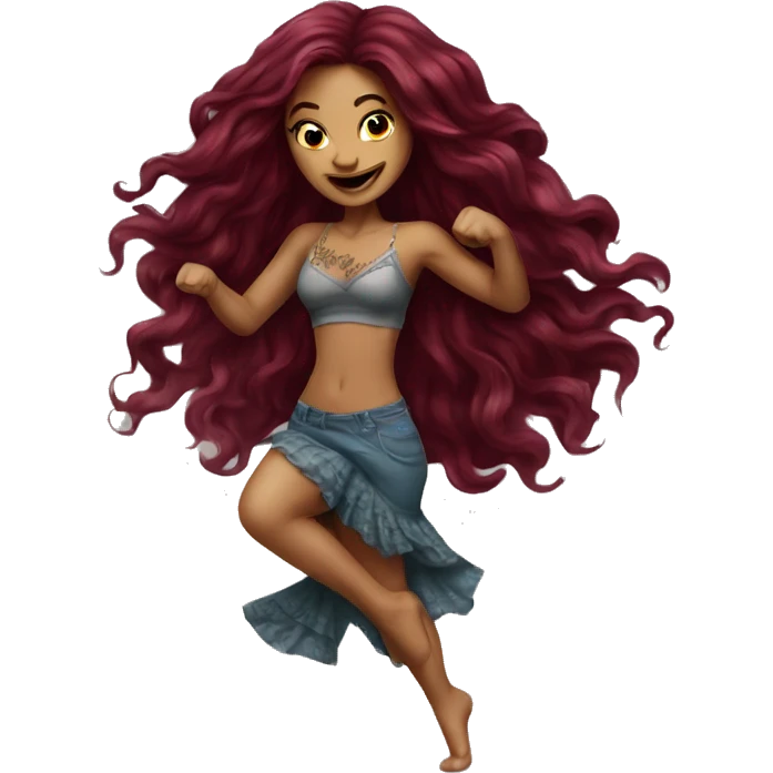 Beautiful tattooed burgundy long haired woman dancing emoji
