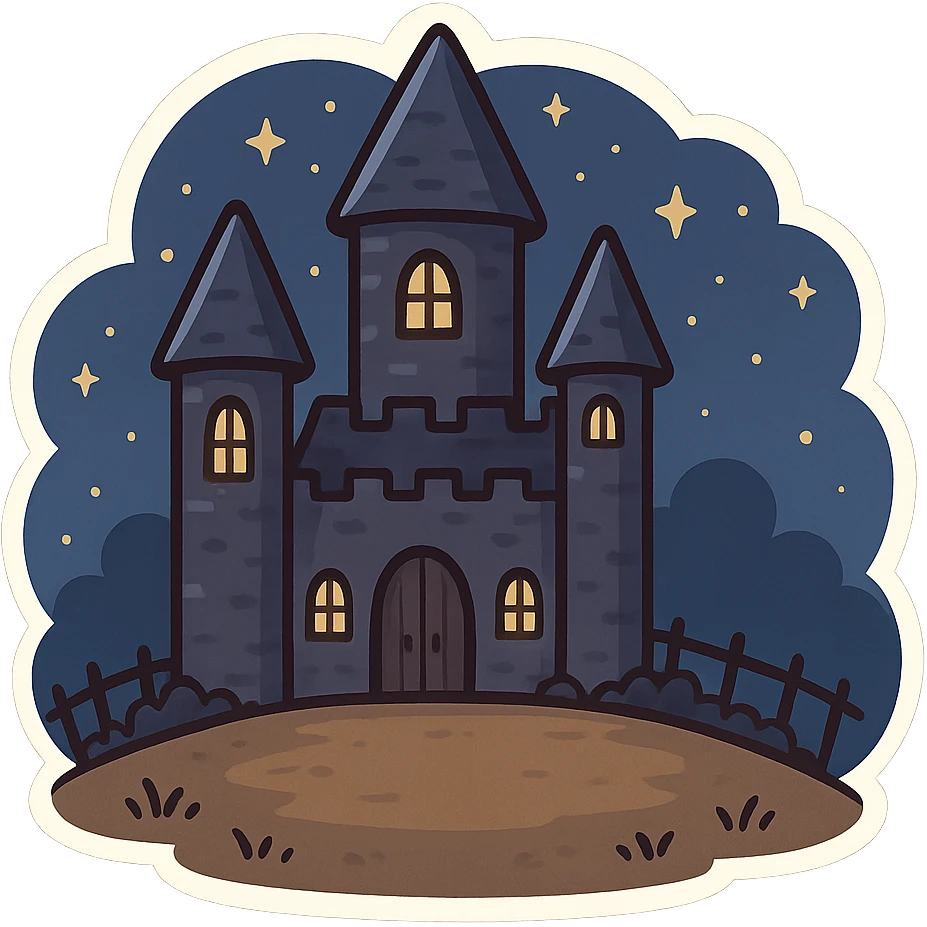 一个万圣节古堡，中间有一片空地，夜晚，星空 emoji