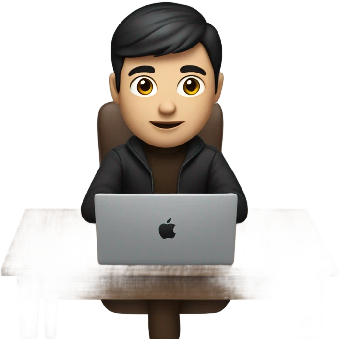     memoji of a man with a laptop in front, apple-style,modern,dark hair,dark brown sweater,computer in hand,sitting on his desk emoji