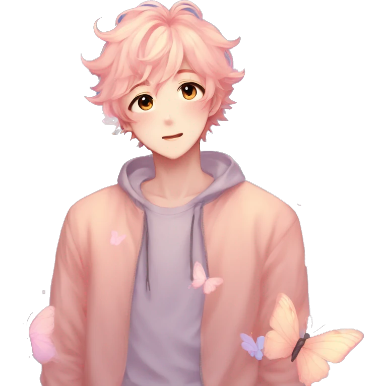 Gorgeous pastel anime style shojo man with blushing face and butterflies aesthetic trending style emoji