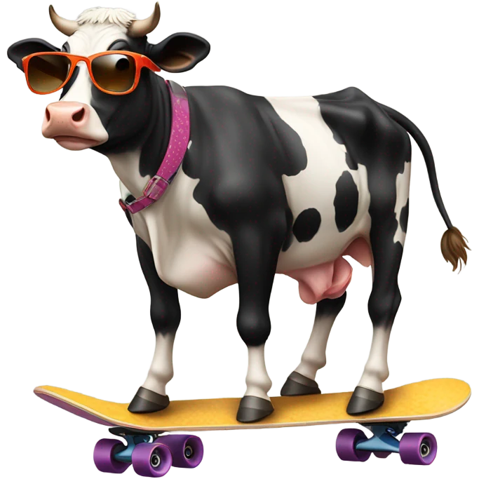 Cow on a skateboard with sunglasses emoji