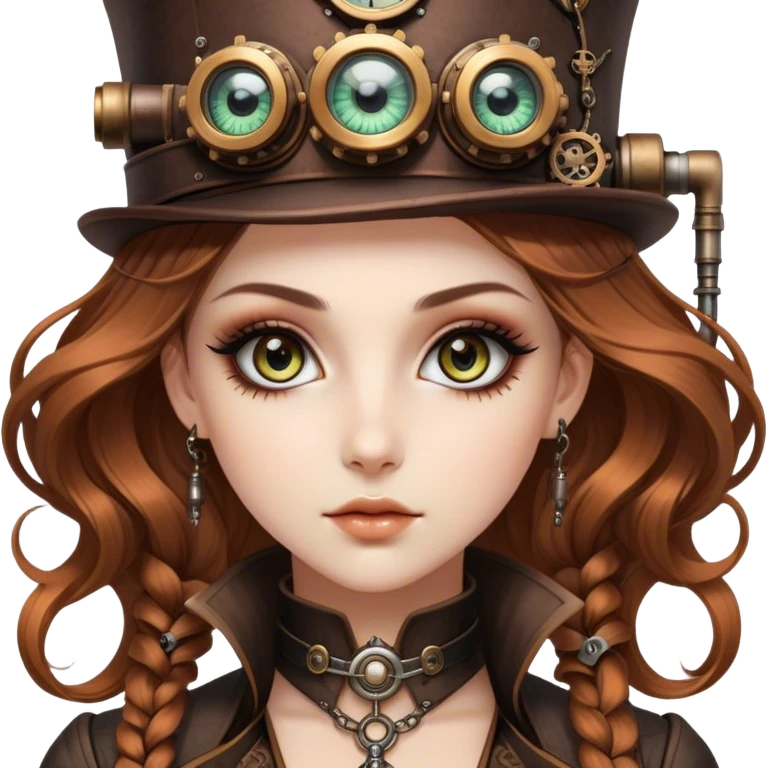 Cinematic 32k HD, Beautiful Steampunk style woman with large glistening eyes, ultra realistic details, each lash, eye, and hair is shown in stunning detail as though captured in a timeless photograph, rich textures, visually rich, so lifelike it could leap off the page at any moment emoji