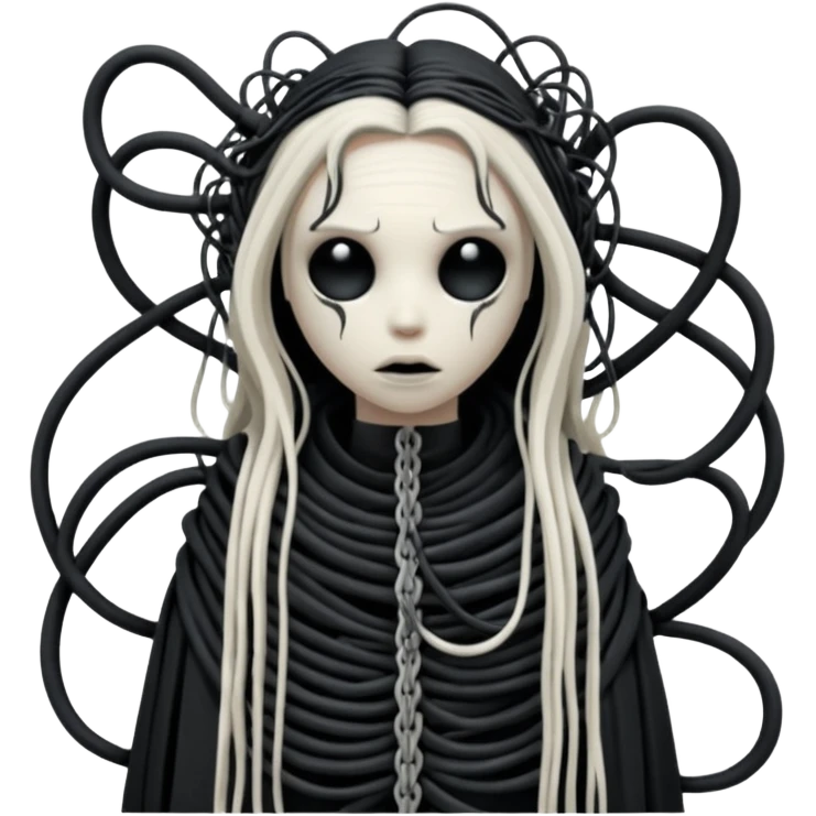 tangled black cables creating an occult creature covered in black rags and bondage, Giger style emoji