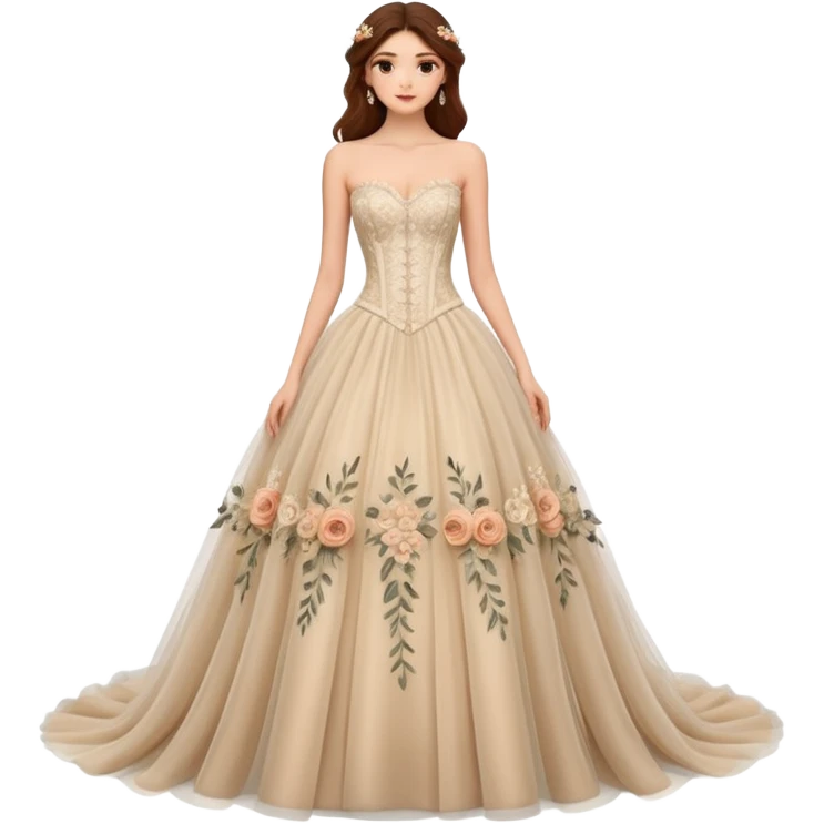 A luxurious strapless A-line wedding gown featuring a sheer lace corset bodice with structured boning, intricate floral embroidery, and a flowing layered tulle skirt adorned with delicate 3D floral appliqués for a soft, romantic, fairytale look. emoji