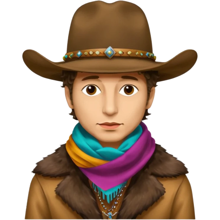 realistic cinematic Bob Dylan profile portrait with dirty cowboy hat on head and colorful silk scarf around neck, fur coat - Desire album cover emoji