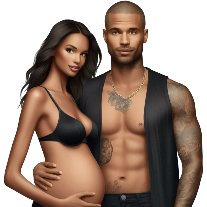Photo of a Victoria secret model pregnant standing next to a tattooed male model  emoji