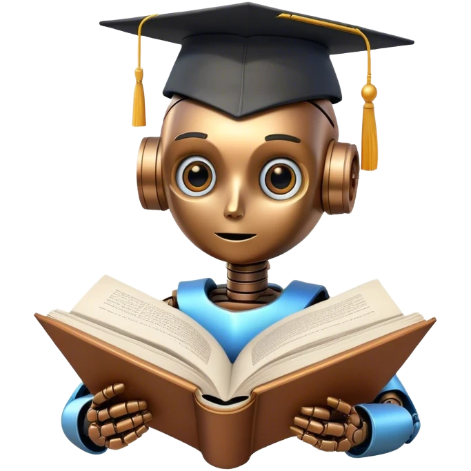Ai  robot reading a big book with graduation head emoji