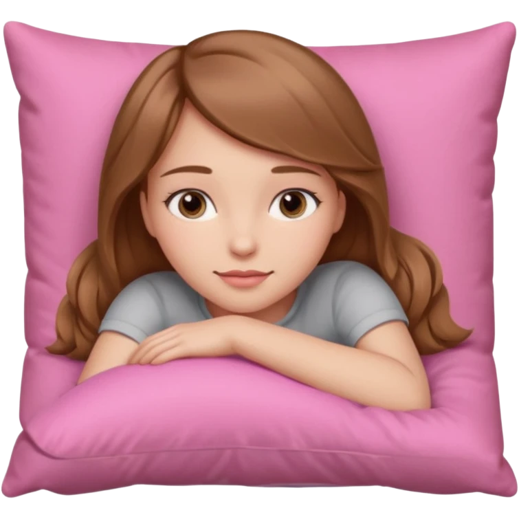 Girl lying on a pink pillow, light brown hair, gray eyes, iOS 18 style emoji
