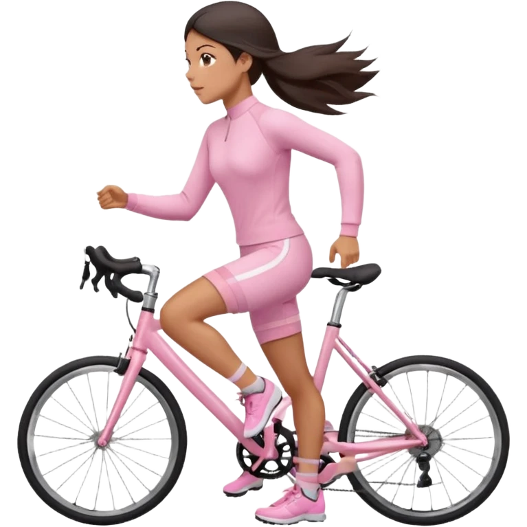 A girl in soft pink sporty tight-fitting clothes, a long-sleeved fitted sweater and cycling shorts is running, her hair is dark and straight, neatly styled. emoji