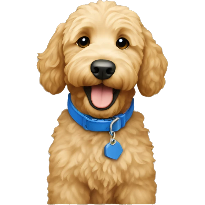 Running Goldendoodle with blue collar emoji