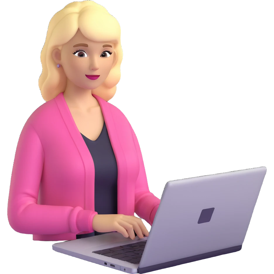 blonde woman in a pink cardigan working on a laptop emoji