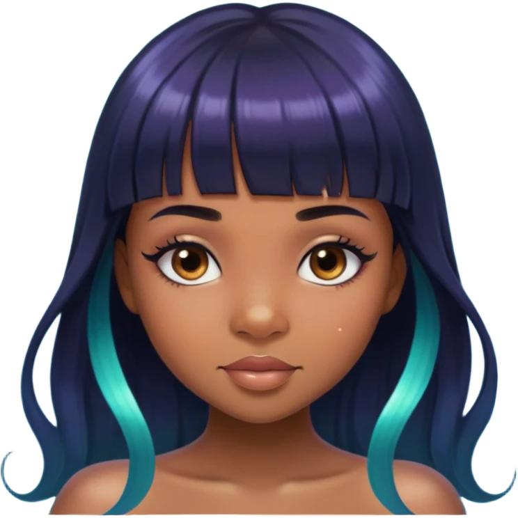 brownskin girl, beautiful girl, mermaid appearance, black straight hair with bangs above eyebrowns, nostril piercing emoji
