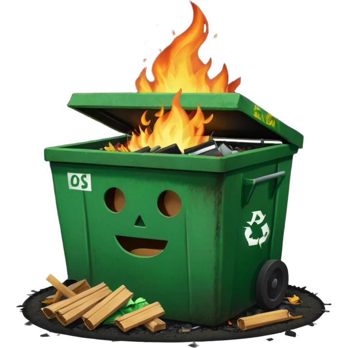 Green happy dumpster with an open black lid and a fire burning only inside it. there is litter and trash on the ground around it not burning emoji