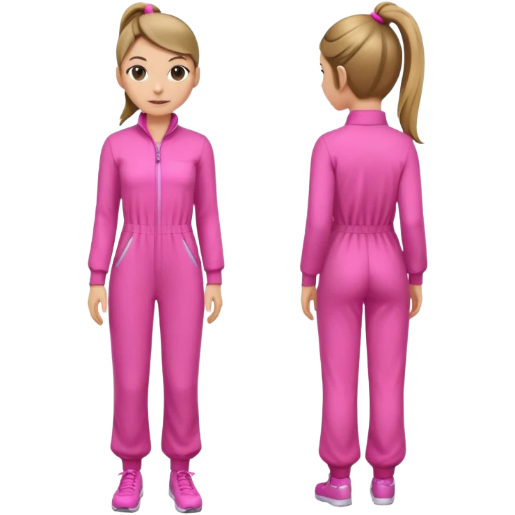 Woman dark blond hair ponytail pink  full body jumpsuit  emoji