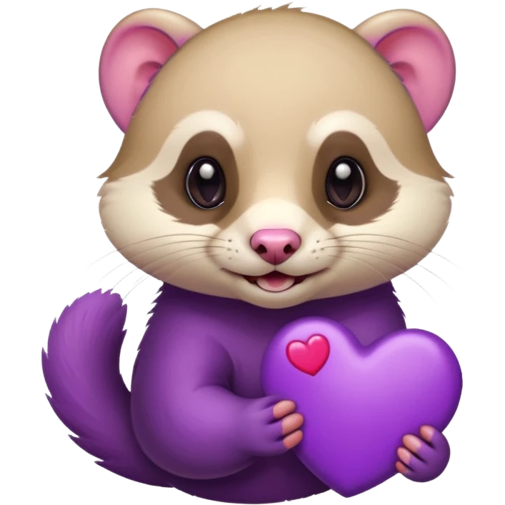 flirtatious ferret holding or surrounded by a purple heart, playful and cute expression, emoji style emoji