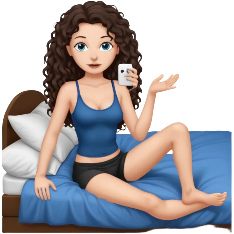 white girl, dark brown long slightly curly hair , skinni but with big breast , septum piercing on nose, beautiful dark gray-blue eyes, showing her foot in bed emoji