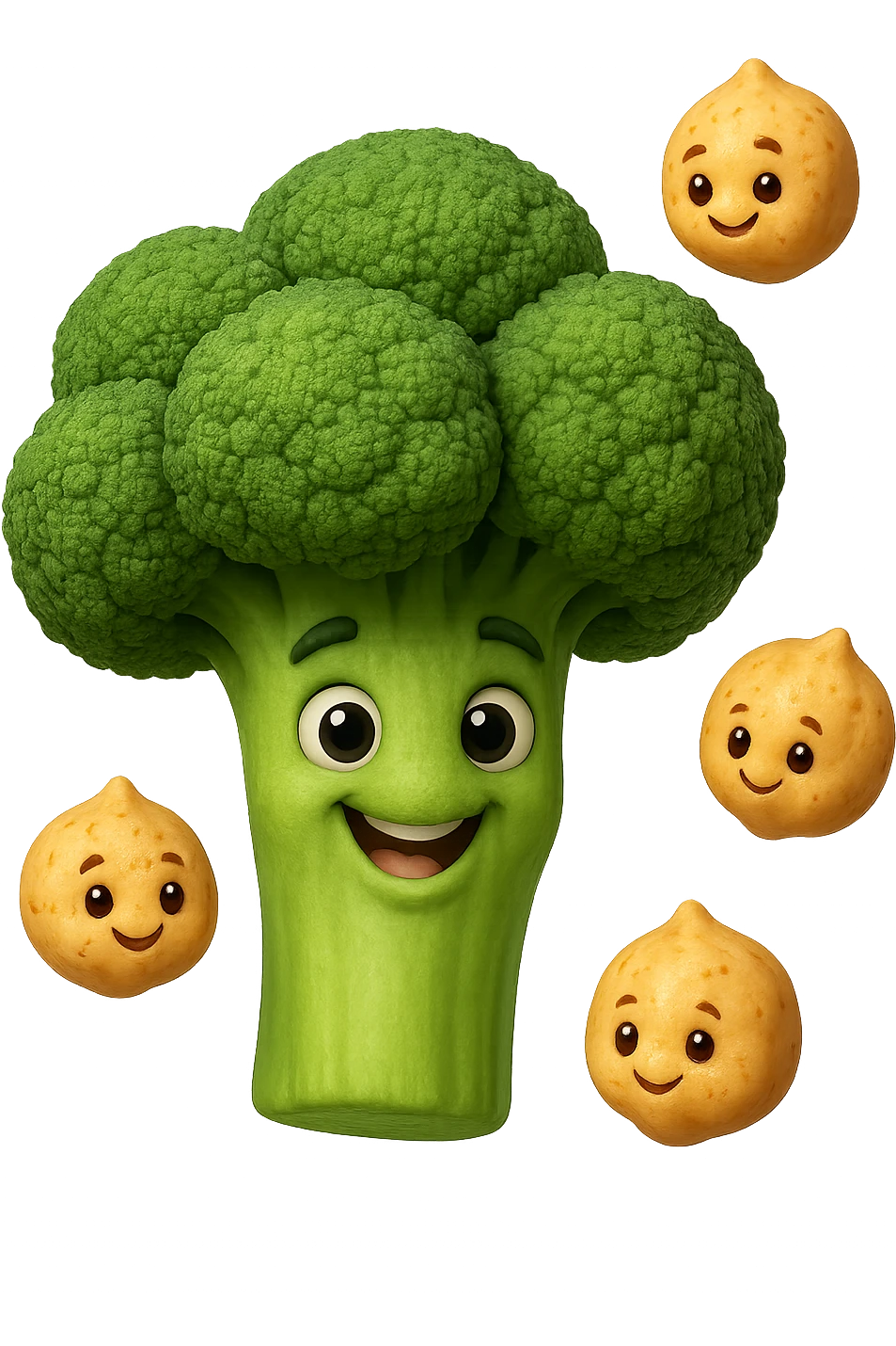 SU QUESTO STILE FAI  broccoli e ceci che fluttuano in aria, FALLO MOLTO REALISTICO IN 3D emoji