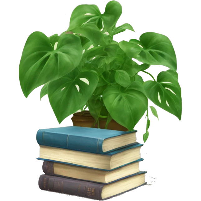 Pothos plant on a shelf with heaps of full vines of leaves hanging down. On the shelf next to it is a pile of 3 books that are cute  emoji
