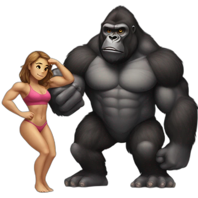Big buff Gorilla holding a beautiful girl doing squats emoji