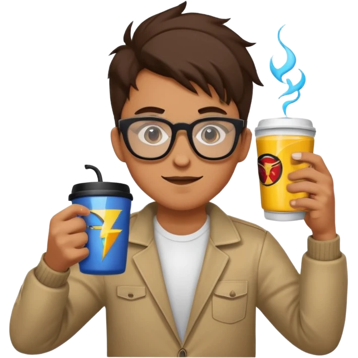Gamer with big glasses and energy drink coffee emoji