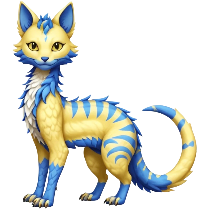 Kawaii yellow and blue beautiful pretty elegant divine edgy fantasy feline-vernid-sergal-fursona animal creature with a tufted tail full body with intricate markings  emoji