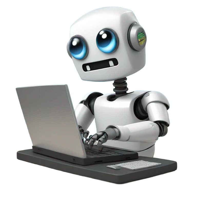 Cute happy robot behind computer writing code emoji