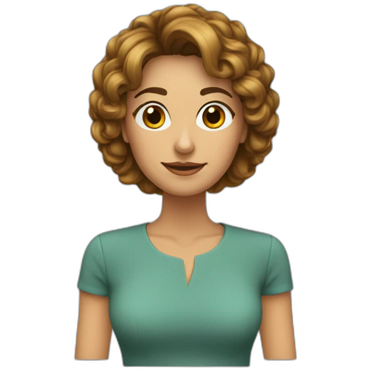 Mujer, 35 años, pelo castaño, corto por los hombros, flequillo cortina emoji