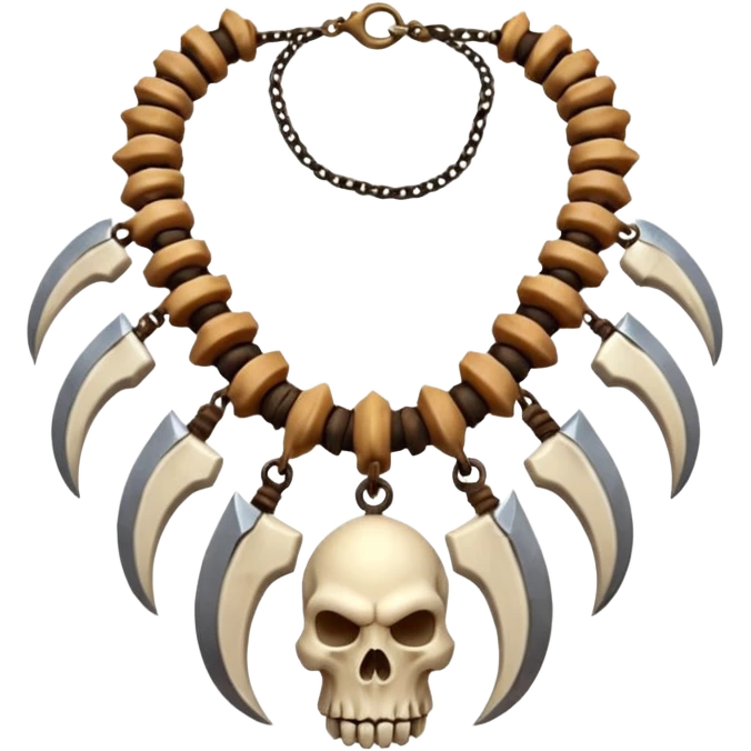 barbarian necklace object icon, necklace made of bones and fangs, rugged tribal jewelry, 3D cartoon, mobile game icon style, centered, clean background, no text, no watermark emoji