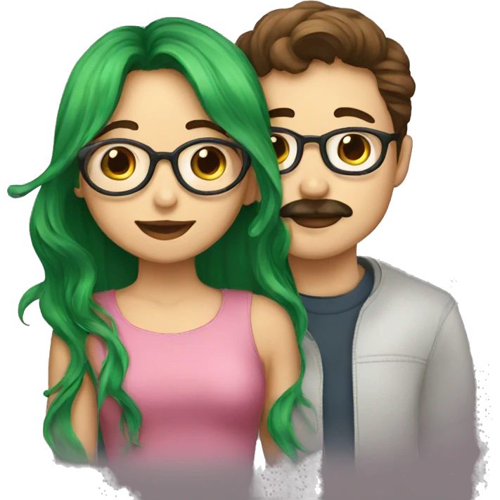 A boy with brown hair and a mustache is kissing a green haired girl wearing glasses emoji