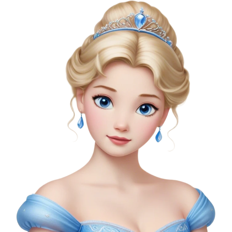 Cinematic Realistic Cinderella Portrait, depicted with lifelike skin texture, subtle rosy undertones, and soft natural lighting that enhances the gentle contours of her face. Her intricately detailed golden blonde hair is elegantly styled in an updo, with delicate wisps framing her face for added realism. Her deep, expressive blue eyes radiate warmth and sincerity, reflecting a quiet resilience and grace. She is dressed in her iconic ball gown, the fabric shimmering with intricate embroidery and fine translucent layers that catch the light beautifully. The soft sheen of satin gloves and the delicate sparkle of a glass-like slipper peeking from beneath her dress add a touch of magical realism. The portrait features an enchanting glow with a natural, luminous finish, seamlessly blending realism and fairytale charm to evoke a sense of depth, elegance, and timeless beauty. emoji